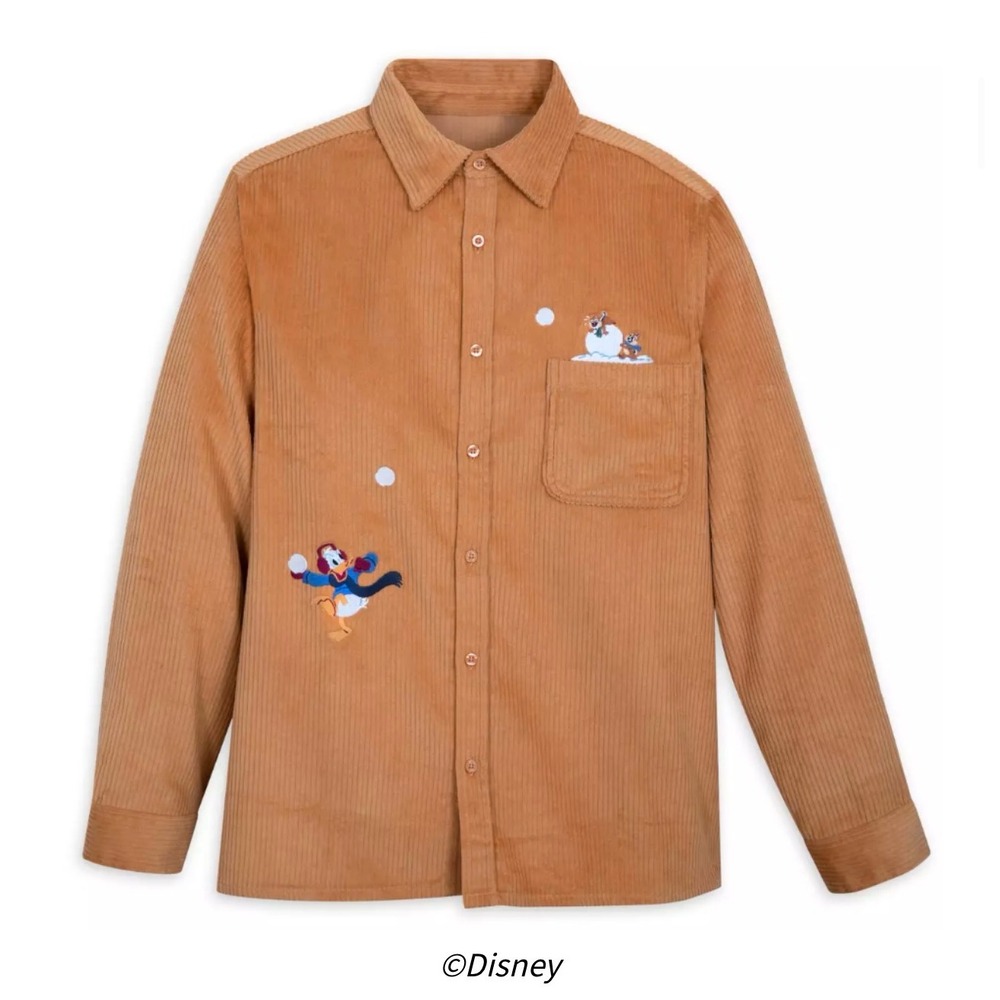 Disney Donald Duck Chip n Dale Corduroy Button Down Shirt Tan Brown Small S